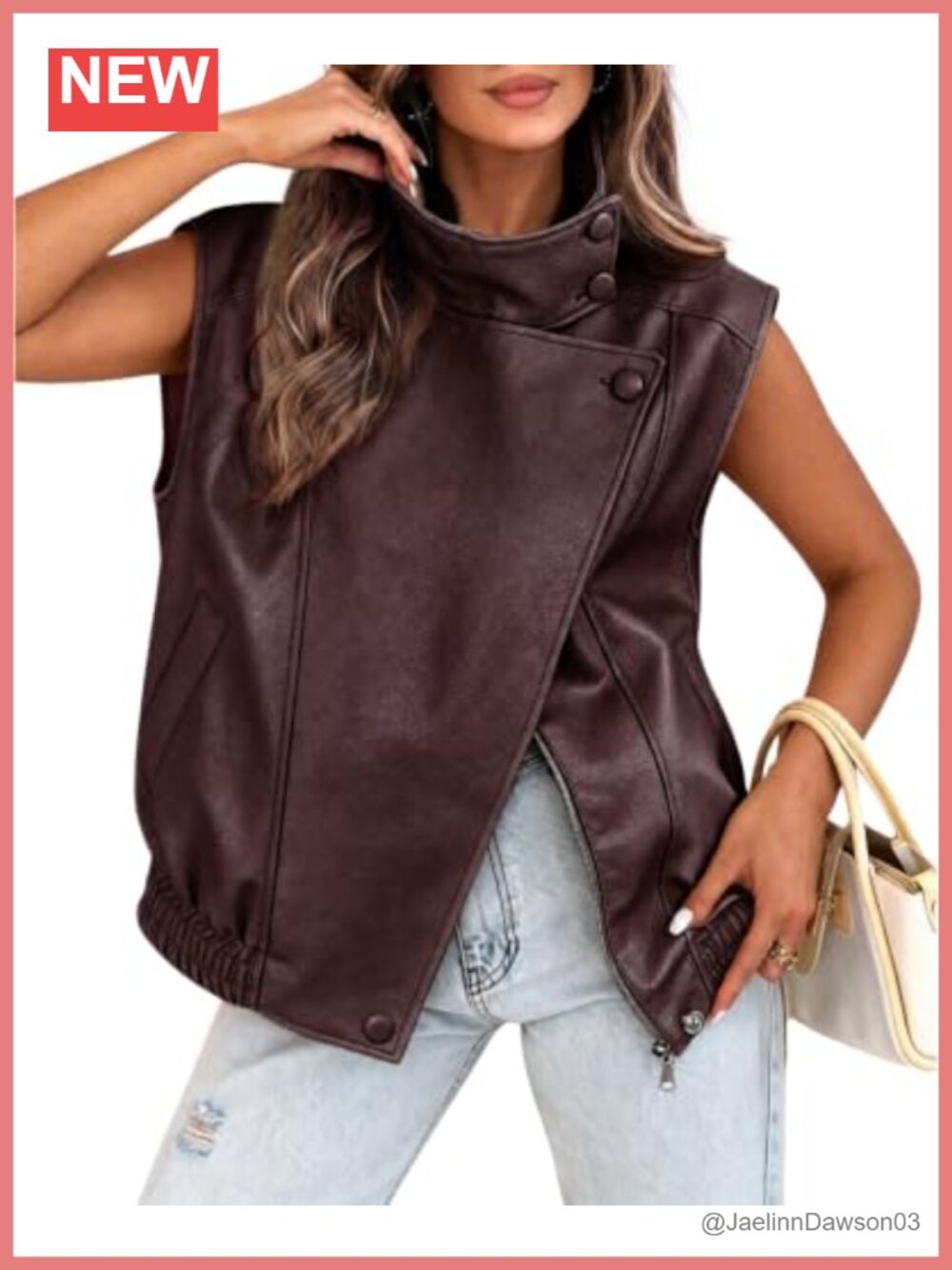 Faux Leather Oversized Vest Stand Collar Sleeveless Casual Layer